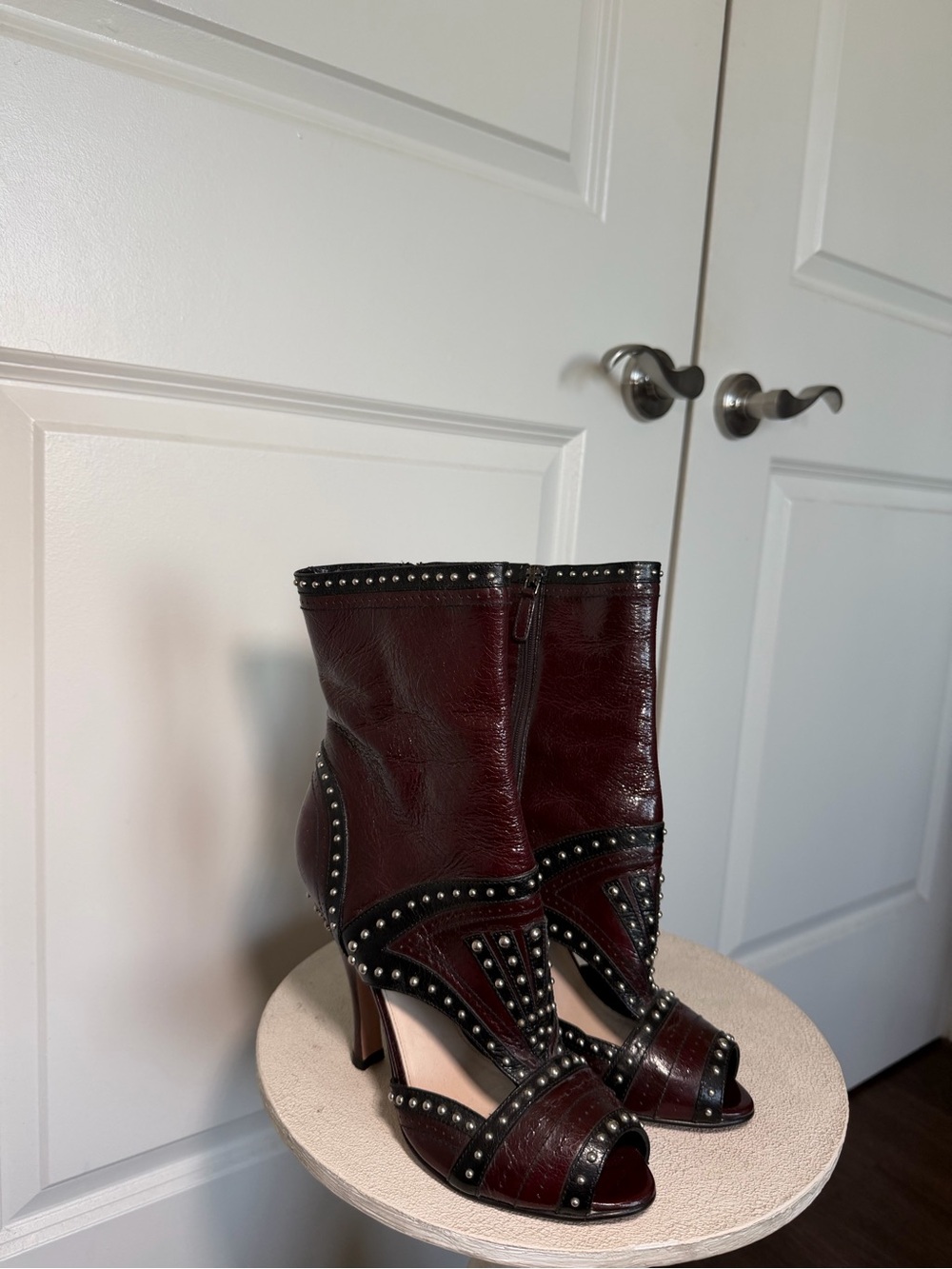 Prada Burgundy and Black Studded Leather Peep-Toe Ankle Boots